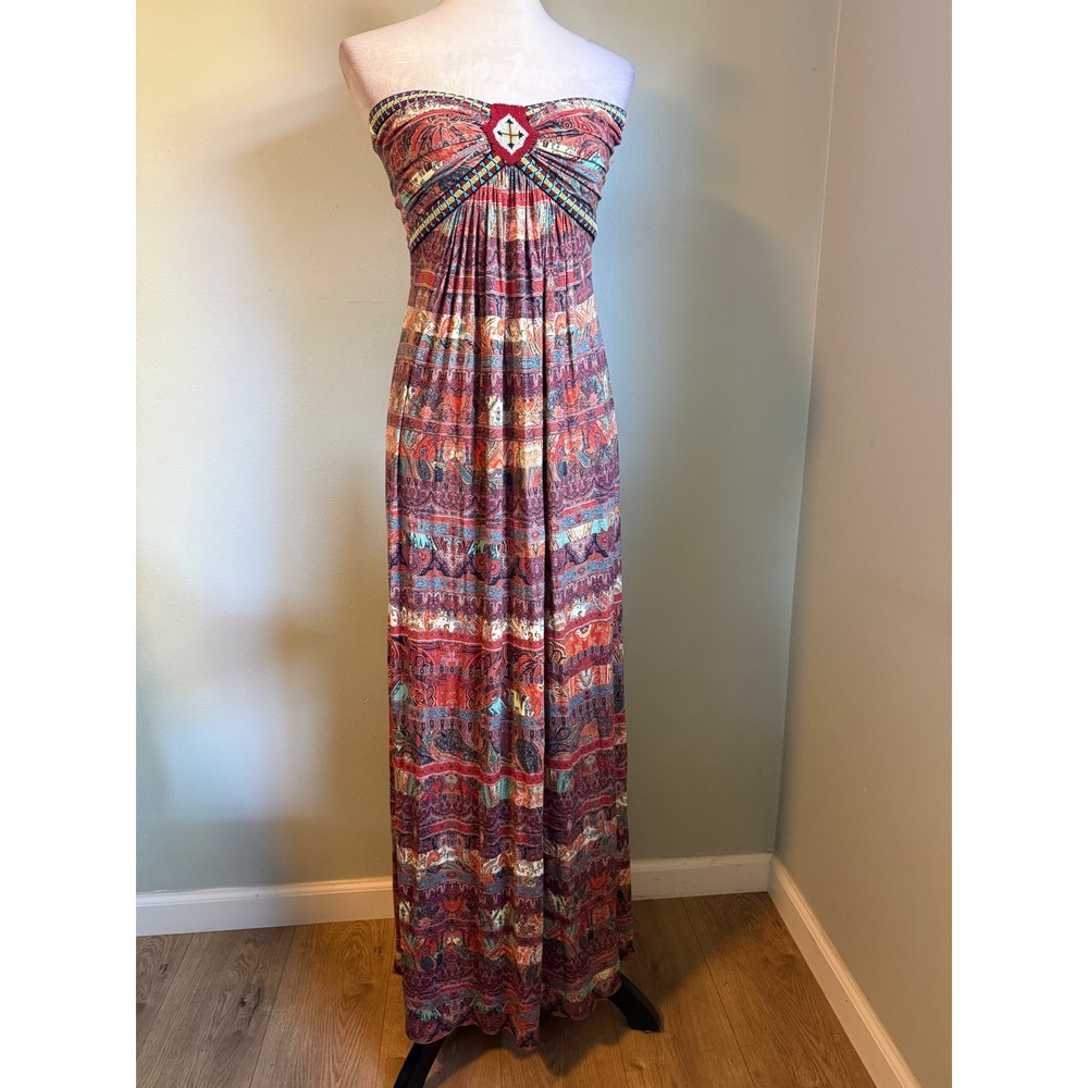 Sky Strapless Paisley Maxi Dress Small Multicolor Boho Beaded y2k retro whimsi r